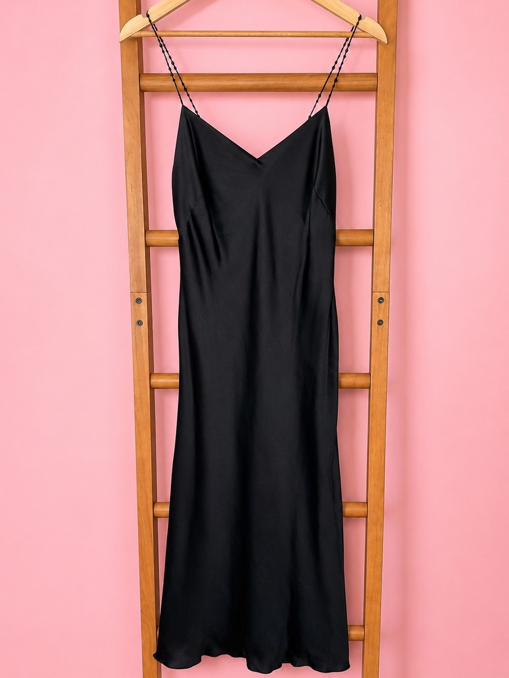 Anne Klein Black 100% Silk Beaded Strap Slip Midi Dress Size 8